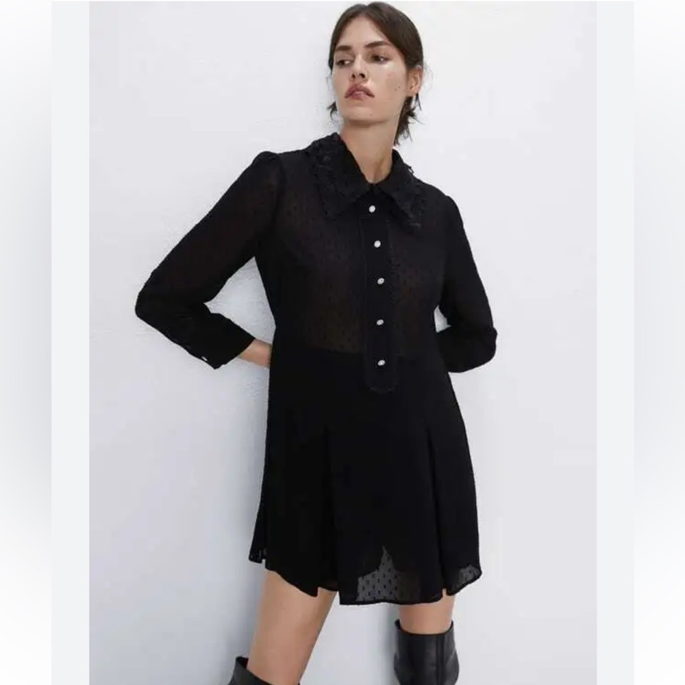 New Zara Black Semi Sheer Dotted Mesh Playsuit Dress Diamante Buttons